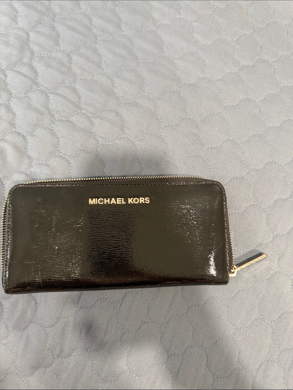 Michael Kors Black Patent Zip Wallet with Gold Logo